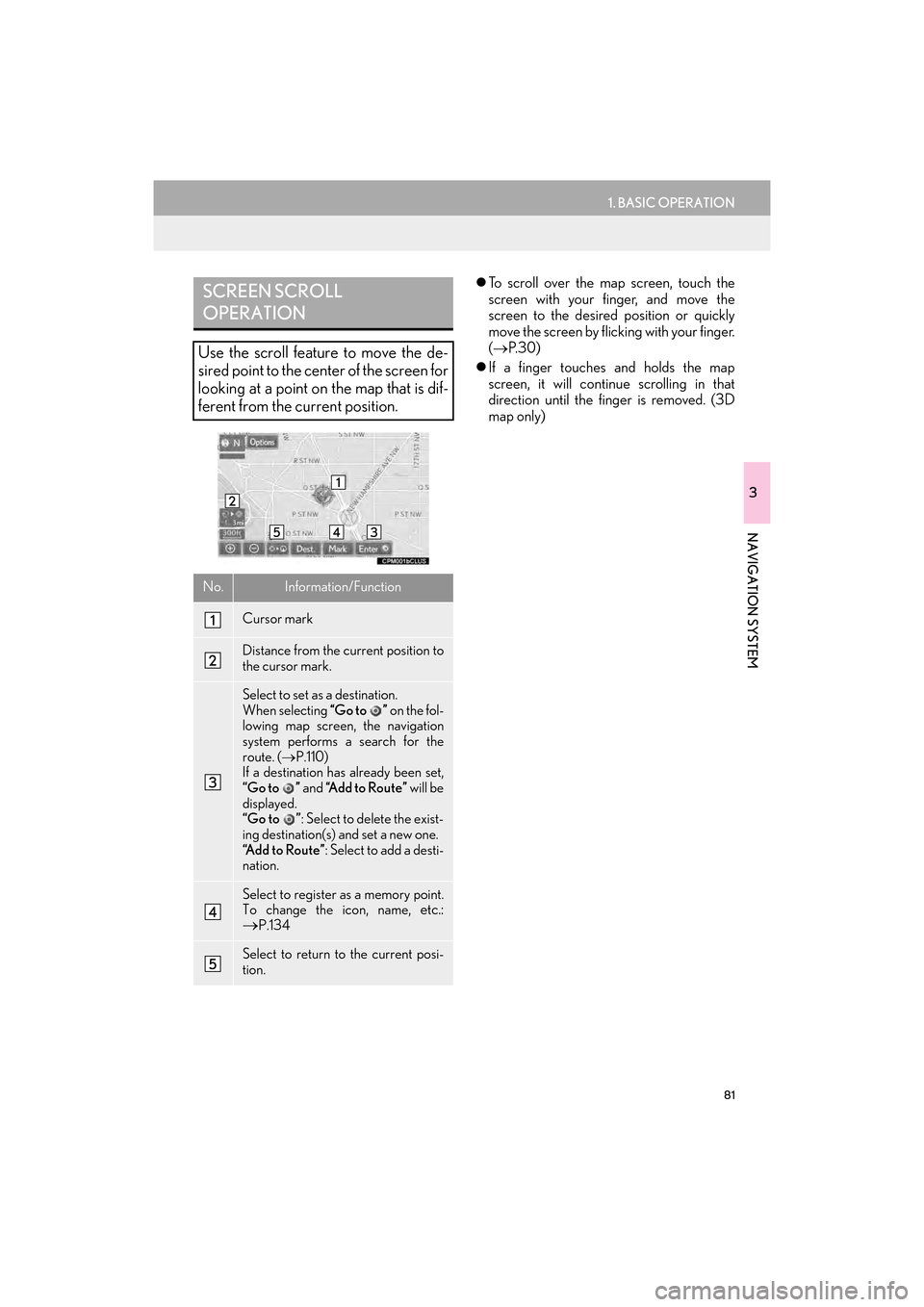 Lexus GX460 2017  Navigation Manual 81
1. BASIC OPERATION
3
NAVIGATION SYSTEM
GX460_Navi_OM60N98U_(U)16.05.30     14:27
�zTo scroll over the map screen, touch the
screen with your finger, and move the
screen to the desired position or q