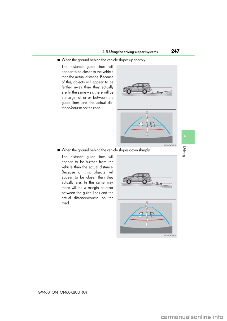Lexus GX460 2014  Do-it-yourself maintenance / LEXUS 2014 GX460 OWNERS MANUAL (OM60K80U) GX460_OM_OM60K80U_(U)
2474-5. Using the driving support systems
4
Driving
●When the ground behind the vehicle slopes up sharply
The distance guide lines will
appear to be closer to the vehicle
than 