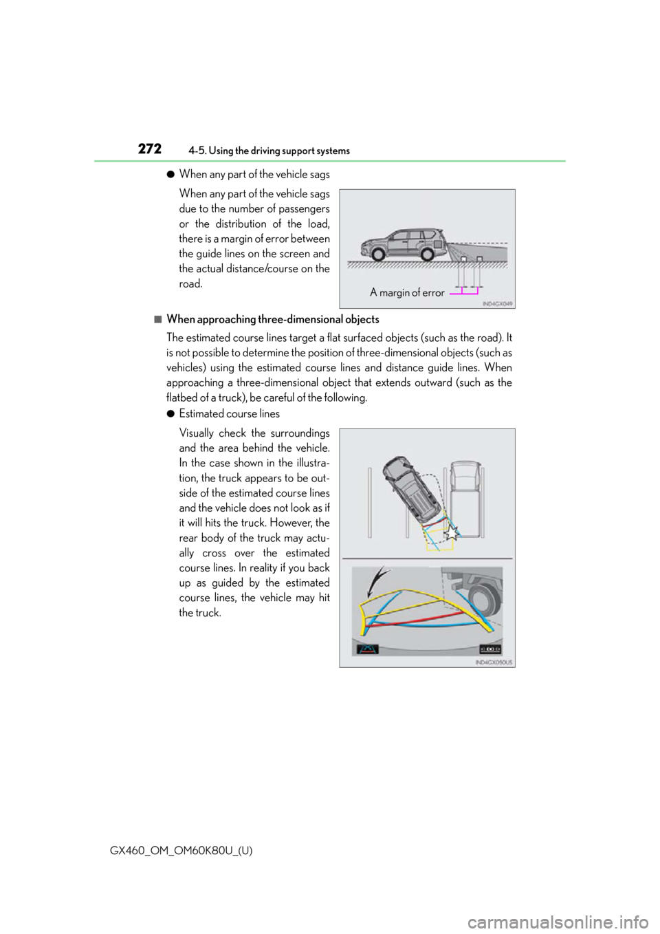 Lexus GX460 2014 Do-it-yourself maintenance / LEXUS 2014 GX460 OWNERS MANUAL (OM60K80U) 272
GX460_OM_OM60K80U_(U)4-5. Using the driving support systems
●When any part of the vehicle sags
When any part of the vehicle sags
due to the number of passengers
or the distribution of the load,
Lexus GX460 2014 Do-it-yourself maintenance / LEXUS 2014 GX460 OWNERS MANUAL (OM60K80U) 272
GX460_OM_OM60K80U_(U)4-5. Using the driving support systems
●When any part of the vehicle sags
When any part of the vehicle sags
due to the number of passengers
or the distribution of the load,
