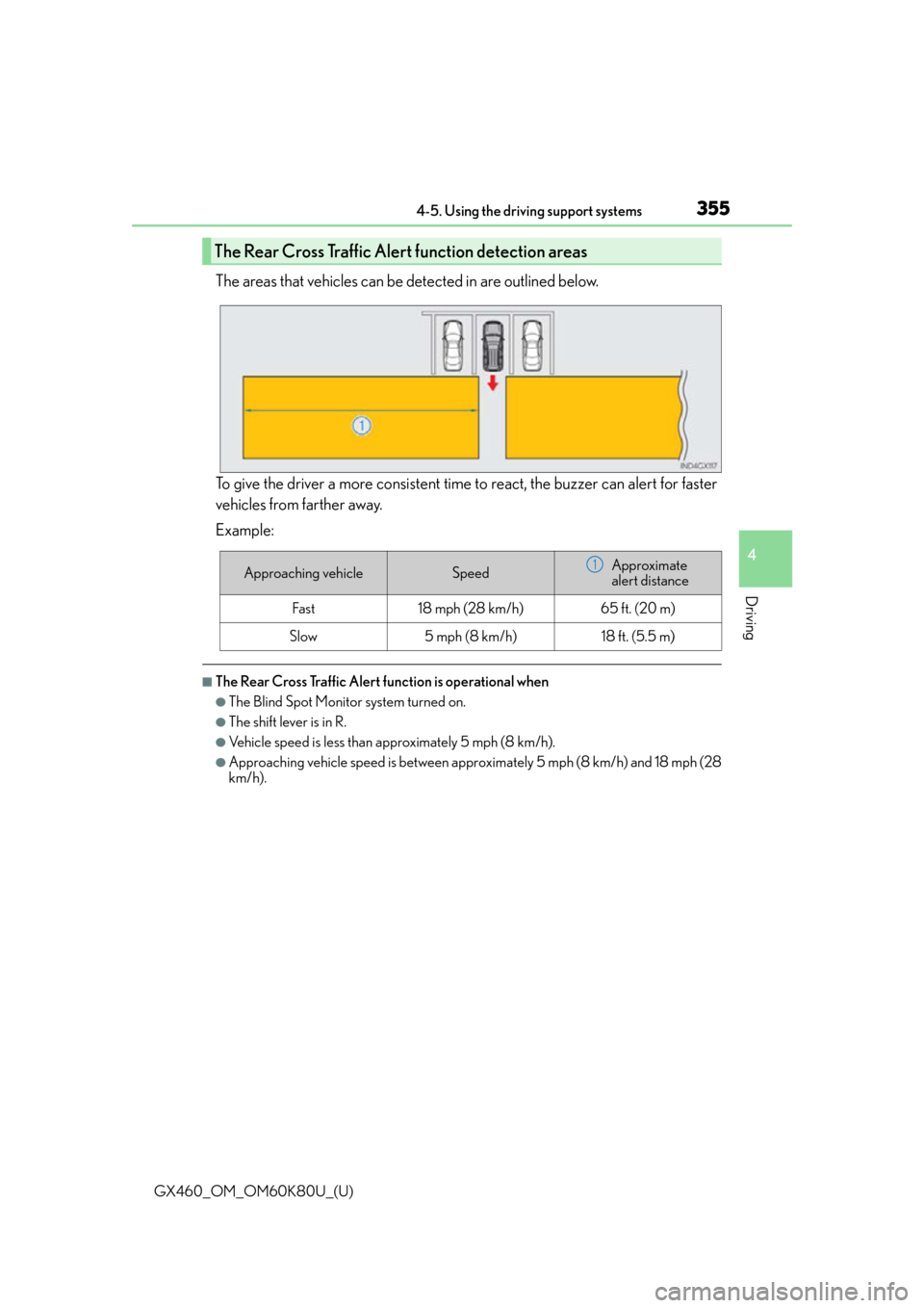 Lexus GX460 2014  Do-it-yourself maintenance / LEXUS 2014 GX460 OWNERS MANUAL (OM60K80U) GX460_OM_OM60K80U_(U)
3554-5. Using the driving support systems
4
Driving
The areas that vehicles can be detected in are outlined below.
To give the driver a more consistent time to react, the buzzer 