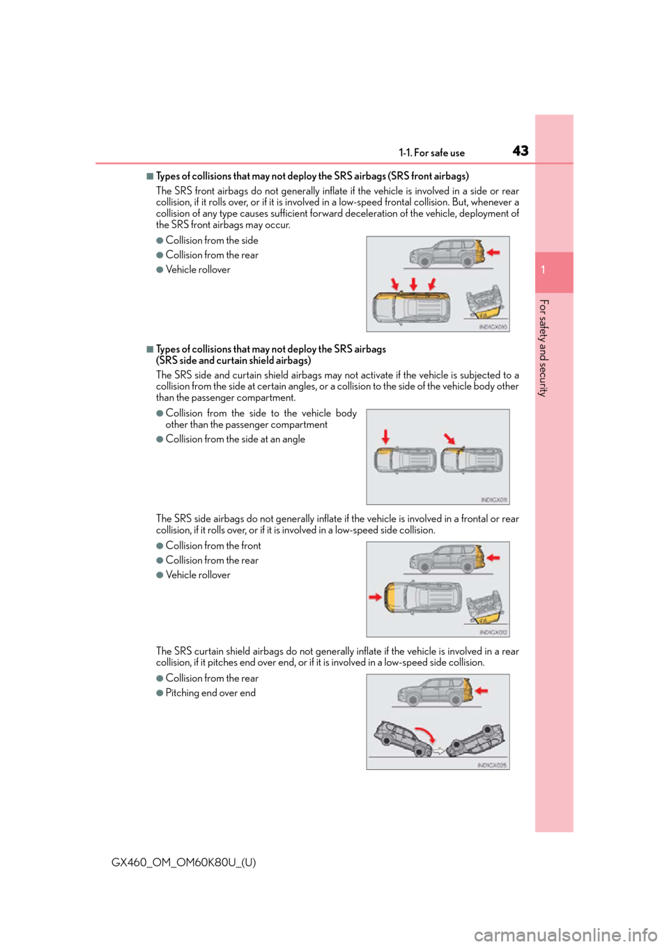 Lexus GX460 2014 Do-it-yourself maintenance / LEXUS 2014 GX460 OWNERS MANUAL (OM60K80U) 431-1. For safe use
GX460_OM_OM60K80U_(U)
1
For safety and security
■Types of collisions that may not deploy the SRS airbags (SRS front airbags)
The SRS front airbags do not gene rally inflate if t Lexus GX460 2014 Do-it-yourself maintenance / LEXUS 2014 GX460 OWNERS MANUAL (OM60K80U) 431-1. For safe use
GX460_OM_OM60K80U_(U)
1
For safety and security
■Types of collisions that may not deploy the SRS airbags (SRS front airbags)
The SRS front airbags do not gene rally inflate if t