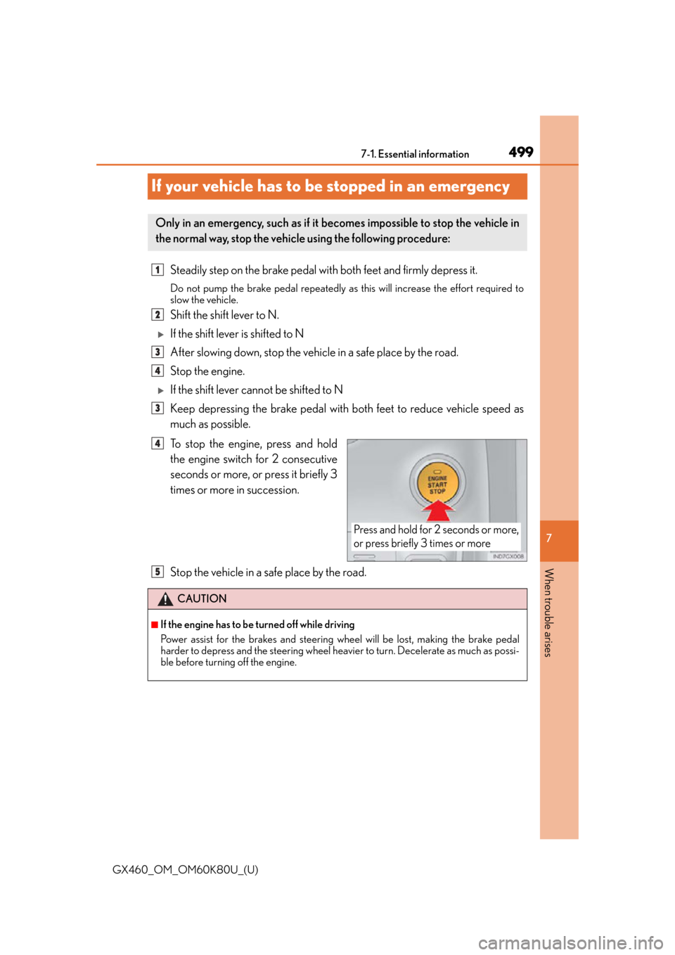 Lexus GX460 2014  Do-it-yourself maintenance / LEXUS 2014 GX460 OWNERS MANUAL (OM60K80U) 499
GX460_OM_OM60K80U_(U)
7
When trouble arises
7-1. Essential information
If your vehicle has to be stopped in an emergency
Steadily step on the brake pedal with both feet and firmly depress it.
Do n