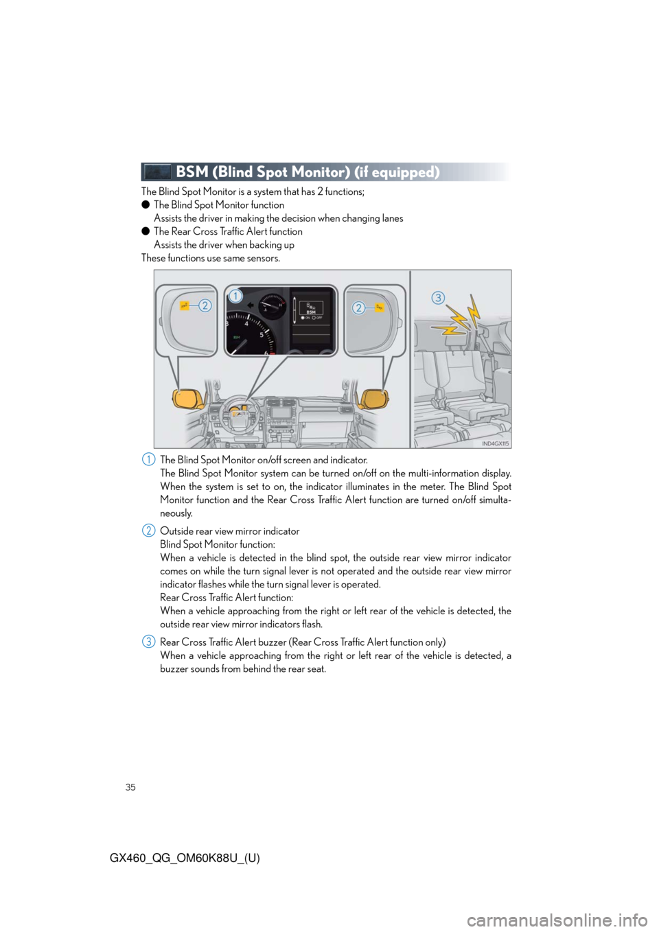Lexus GX460 2014 Opening, closing and locking the doors and trunk / LEXUS 2014 GX460 QUICK GUIDE OWNERS MANUAL (OM60K88U) 35
GX460_QG_OM60K88U_(U)
BSM (Blind Spot Monitor) (if equipped)
The Blind Spot Monitor is a system that has 2 functions;
●The Blind Spot Monitor function
Assists the driver in making the decision w Lexus GX460 2014 Opening, closing and locking the doors and trunk / LEXUS 2014 GX460 QUICK GUIDE OWNERS MANUAL (OM60K88U) 35
GX460_QG_OM60K88U_(U)
BSM (Blind Spot Monitor) (if equipped)
The Blind Spot Monitor is a system that has 2 functions;
●The Blind Spot Monitor function
Assists the driver in making the decision w