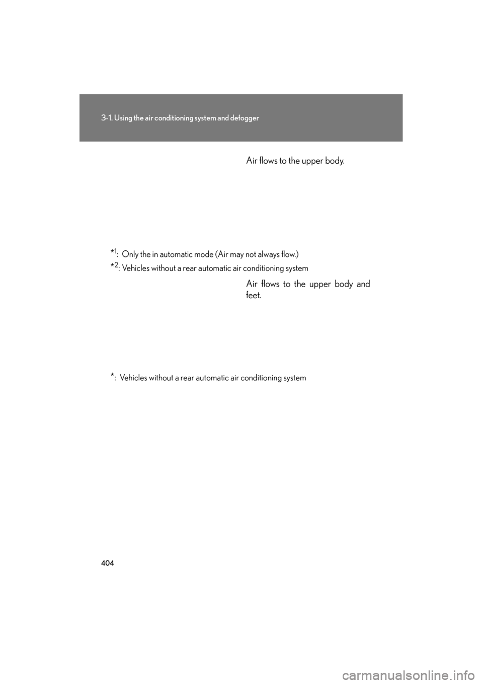 Lexus GX460 2013  Owners Manual 404
3-1. Using the air conditioning system and defogger
GX460_OM_OM60J63U_(U)Air flows to the upper body.
*1: Only the in automatic mode (Air may not always flow.)
*2: Vehicles without a rear automati