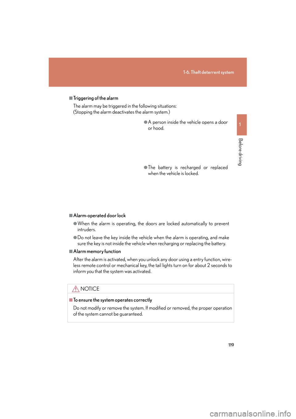 Lexus GX460 2012 Owners Manual 119
1-6. Theft deterrent system
1
Before driving
GX460_U.S.A. (OM60J00U)
■Triggering of the alarm
The alarm may be triggered in the following situations:
(Stopping the alarm deactivates the alarm sy Lexus GX460 2012 Owners Manual 119
1-6. Theft deterrent system
1
Before driving
GX460_U.S.A. (OM60J00U)
■Triggering of the alarm
The alarm may be triggered in the following situations:
(Stopping the alarm deactivates the alarm sy