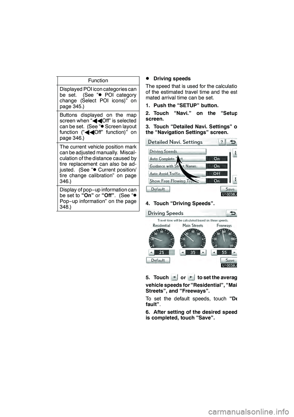 Lexus GX460 2010  Navigation Manual SETUP
342
No.Function
6
Displayed POI icon categories can
be set. (See “DPOI category
change (Select POI icons)” on
page 345.)
7
Buttons displayed on the map
screen when “ AAOff” is selected
c