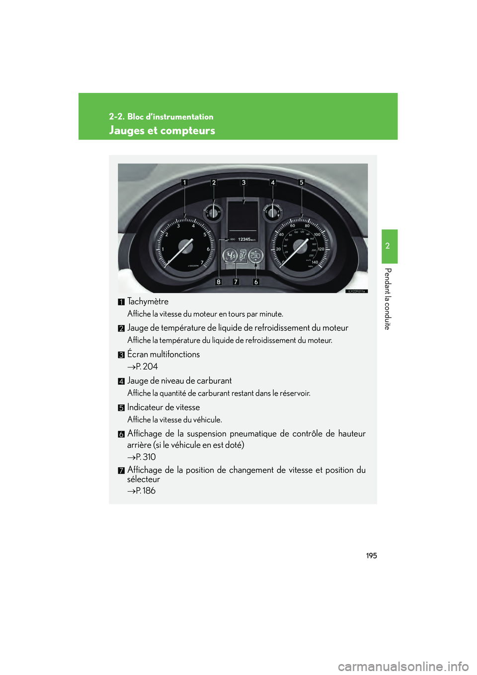 Lexus GX460 2010  Manuel du propriétaire (in French) 195
2
Pendant la conduite
GX460_D (OM60F29D)
2-2. Bloc d’instrumentation
Jauges et compteurs
Tachymètre
Affiche la vitesse du moteur en tours par minute.
Jauge de température de liquide de refroid