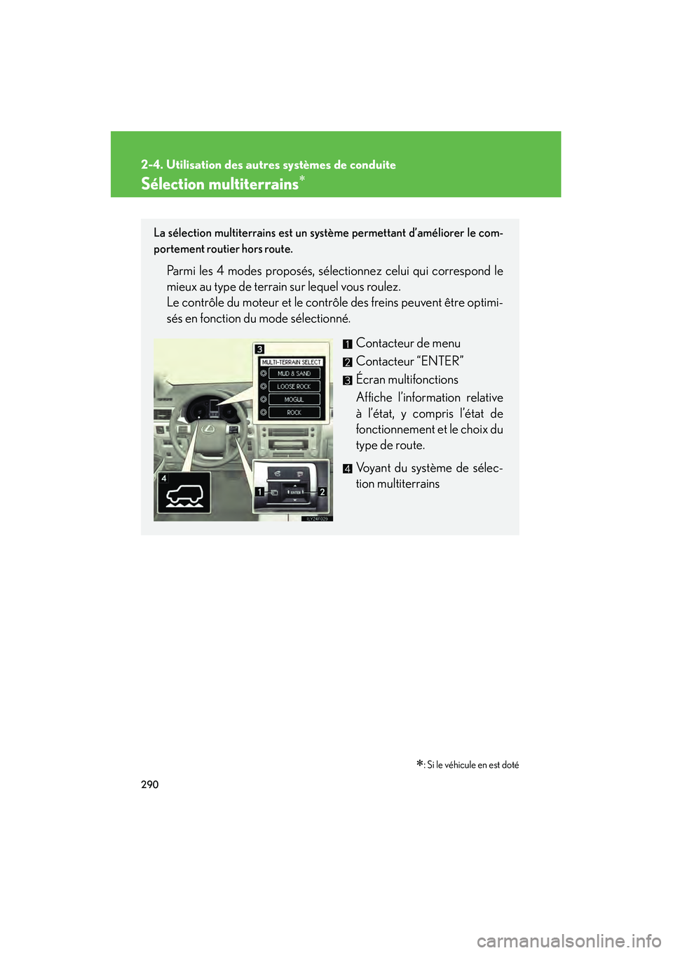 Lexus GX460 2010  Manuel du propriétaire (in French) 290
2-4. Utilisation des autres systèmes de conduite
GX460_D (OM60F29D)
Sélection multiterrains∗
∗: Si le véhicule en est doté
La sélection multiterrains est un système permettant d’améli