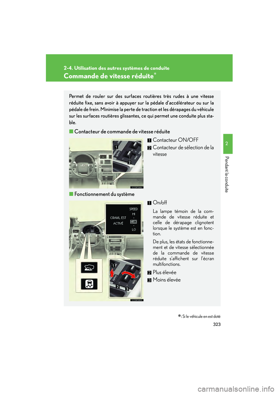Lexus GX460 2010  Manuel du propriétaire (in French) 323
2-4. Utilisation des autres systèmes de conduite
2
Pendant la conduite
GX460_D (OM60F29D)
Commande de vitesse réduite∗
∗: Si le véhicule en est doté
Permet de rouler sur des surfaces routi
