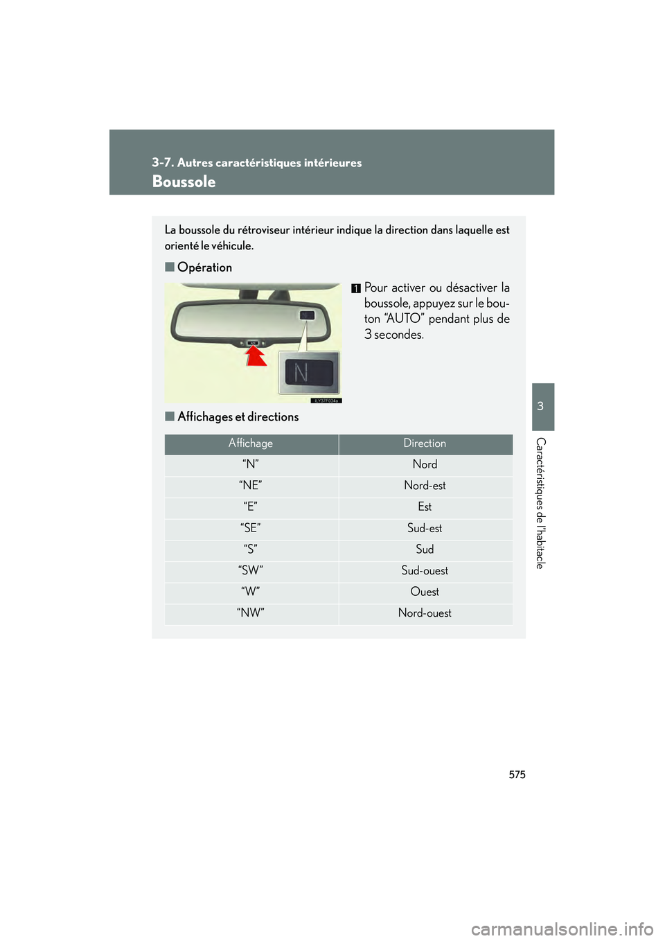 Lexus GX460 2010  Manuel du propriétaire (in French) 575
3-7. Autres caractéristiques intérieures
3
Caractéristiques de l’habitacle
GX460_D (OM60F29D)
Boussole
La boussole du rétroviseur intérieur indique la direction dans laquelle est
orienté l