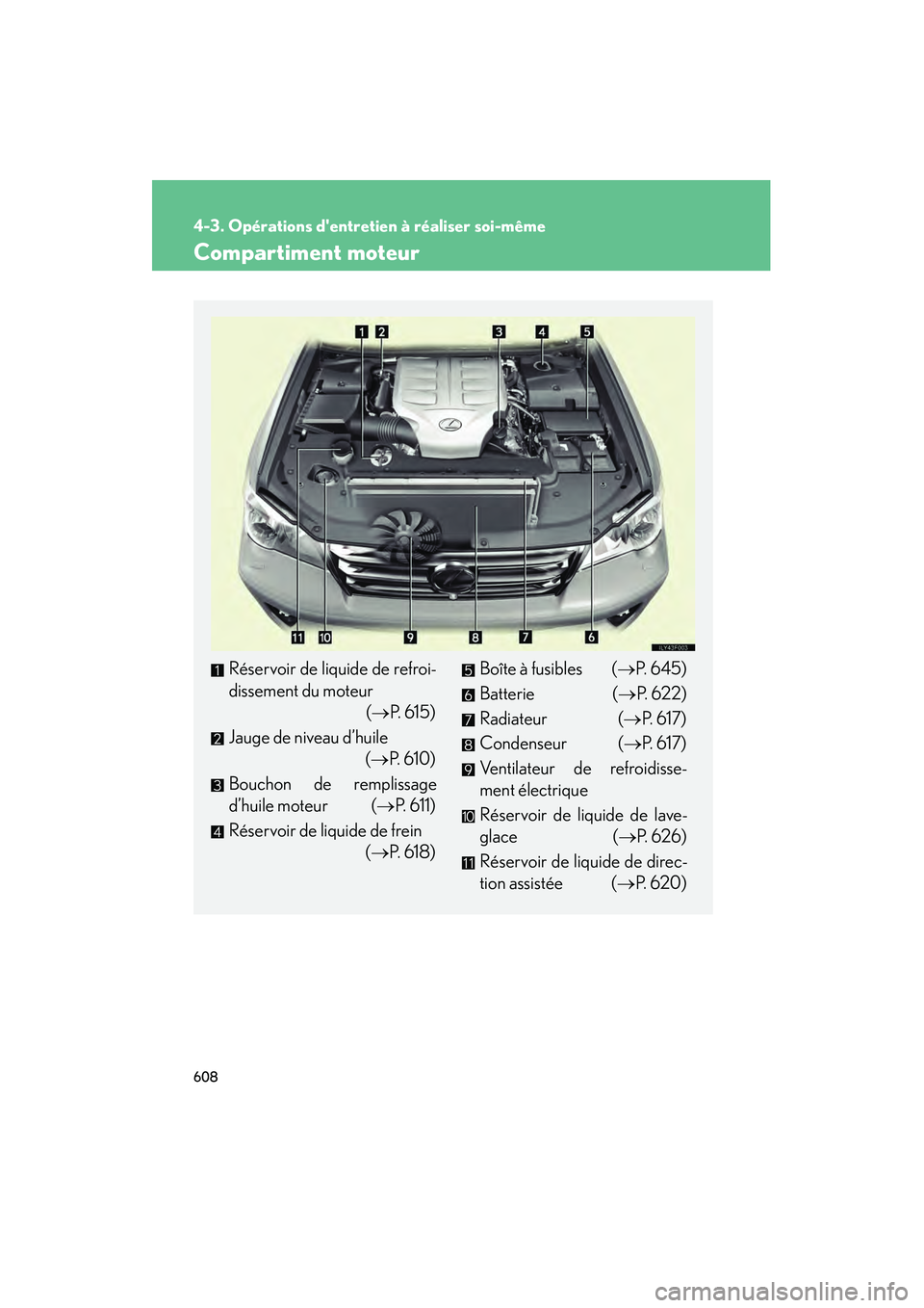 Lexus GX460 2010  Manuel du propriétaire (in French) 608
4-3. Opérations dentretien à réaliser soi-même
GX460_D (OM60F29D)
Compartiment moteur
Réservoir de liquide de refroi-
dissement du moteur(→P. 615)
Jauge de niveau d’huile (→P. 610)
Bou