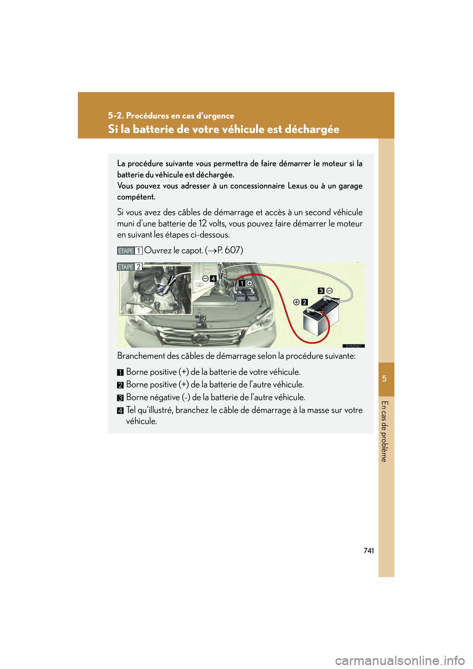 Lexus GX460 2010  Manuel du propriétaire (in French) 5
En cas de problème
741
5-2. Procédures en cas d’urgence
GX460_D (OM60F29D)
Si la batterie de votre véhicule est déchargée
La procédure suivante vous permettra de faire démarrer le moteur si