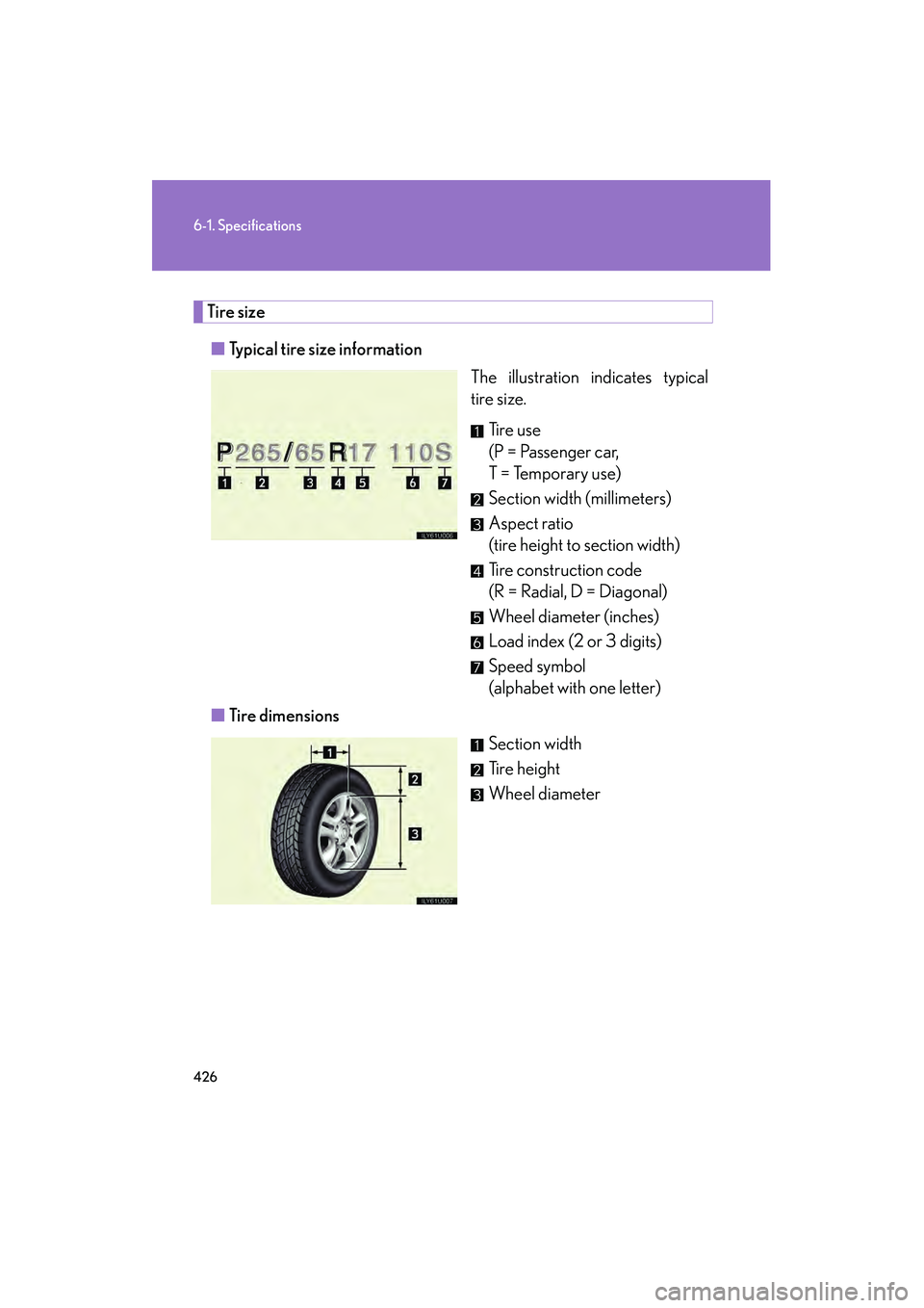 Lexus GX470 2008  Owners Manual 426
6-1. Specifications
Tire size
■ Typical tire size information
The illustration indicates typical
tire size.
Ti r e  u s e
(P = Passenger car, 
T = Temporary use)
Section width (millimeters)
Aspe