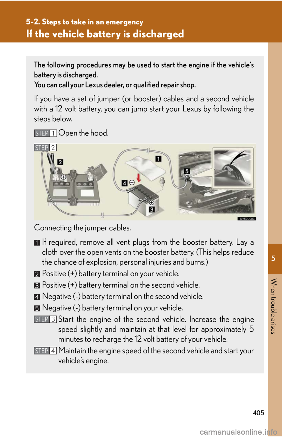 Lexus GX470 2008  Opening, closing and locking the doors / LEXUS 2008 GX470 OWNERS MANUAL (OM60D82U) 5
When trouble arises
405
5-2. Steps to take in an emergency
If the vehicle battery is discharged
The following procedures may be used to start the engine if the vehicle’s
battery is discharged.
You