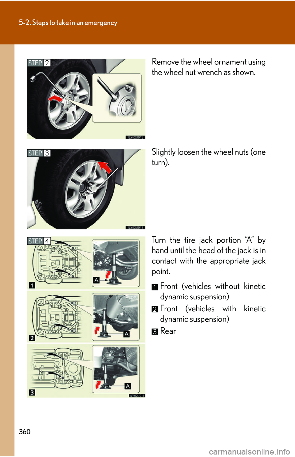 Lexus GX470 2007  Air Conditioning / LEXUS 2007 GX470 OWNERS MANUAL (OM60C64U) 360
5-2. Steps to take in an emergency
Remove the wheel ornament using
the wheel nut wrench as shown.
Slightly loosen the wheel nuts (one
turn).
Turn the tire jack portion “A” by
hand until the he