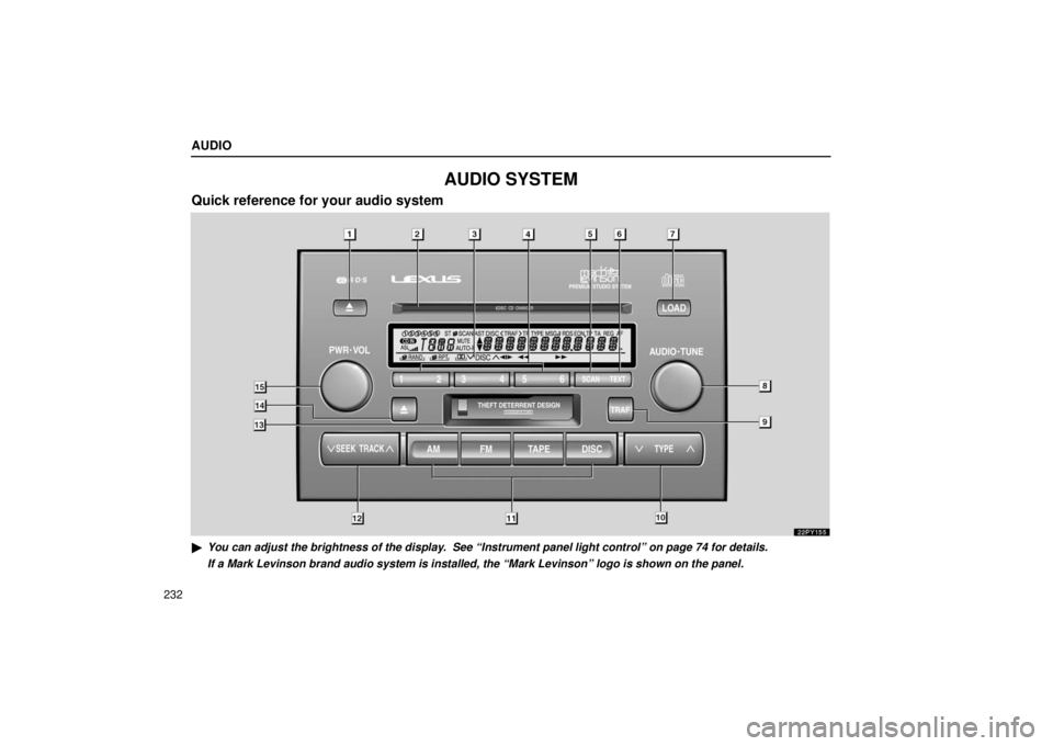 Lexus GX470 2006  Repair Manual Information / LEXUS 2006 GX470 OWNERS MANUAL (OM60B99U) AUDIO
232
AUDIO SYSTEM
Quick reference for your audio system
22PY155
You can adjust the brightness of the display.  See “Instrument panel light control” on page 74 for details.
If a Mark Levinson