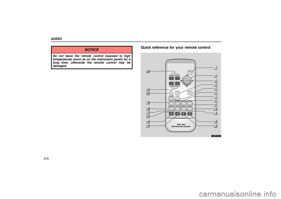 Lexus GX470 2006  Repair Manual Information / LEXUS 2006 GX470 OWNERS MANUAL (OM60B99U) AUDIO
276
NOTICE
Do not leave the remote control exposed to high
temperatures (such as on the instrument panel) for a
long time, otherwise the remote control may be
damaged.
Quick reference for your r