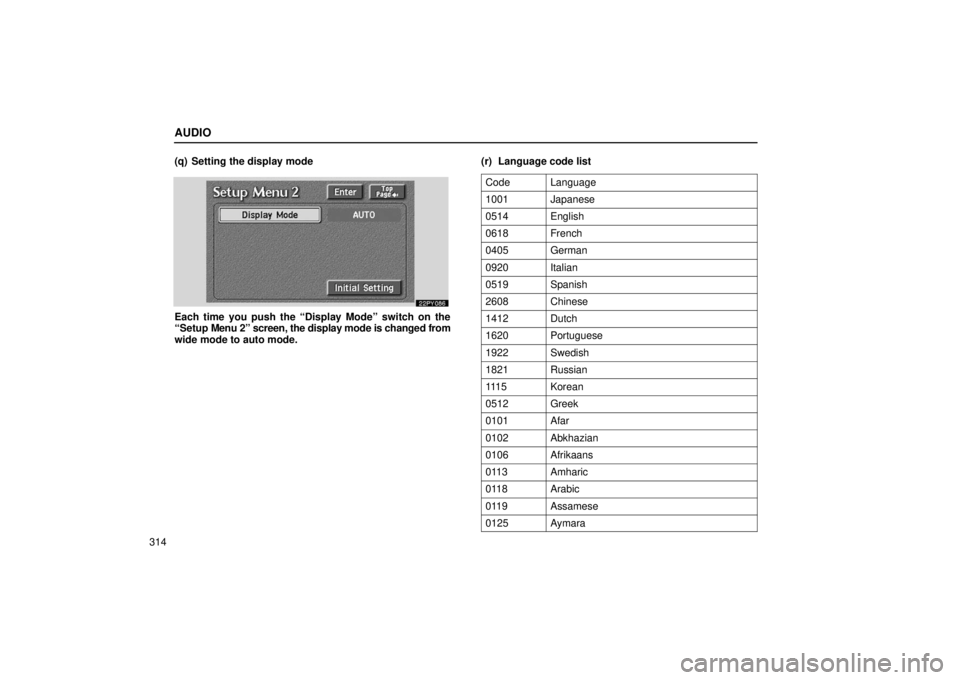 Lexus GX470 2006  Repair Manual Information / LEXUS 2006 GX470 OWNERS MANUAL (OM60B99U) AUDIO
314(q) Setting the display mode
Each time you push the “Display Mode” switch on the
“Setup 
Menu 2” screen, the display mode is changed from
wide mode to auto mode. (r) Language code lis