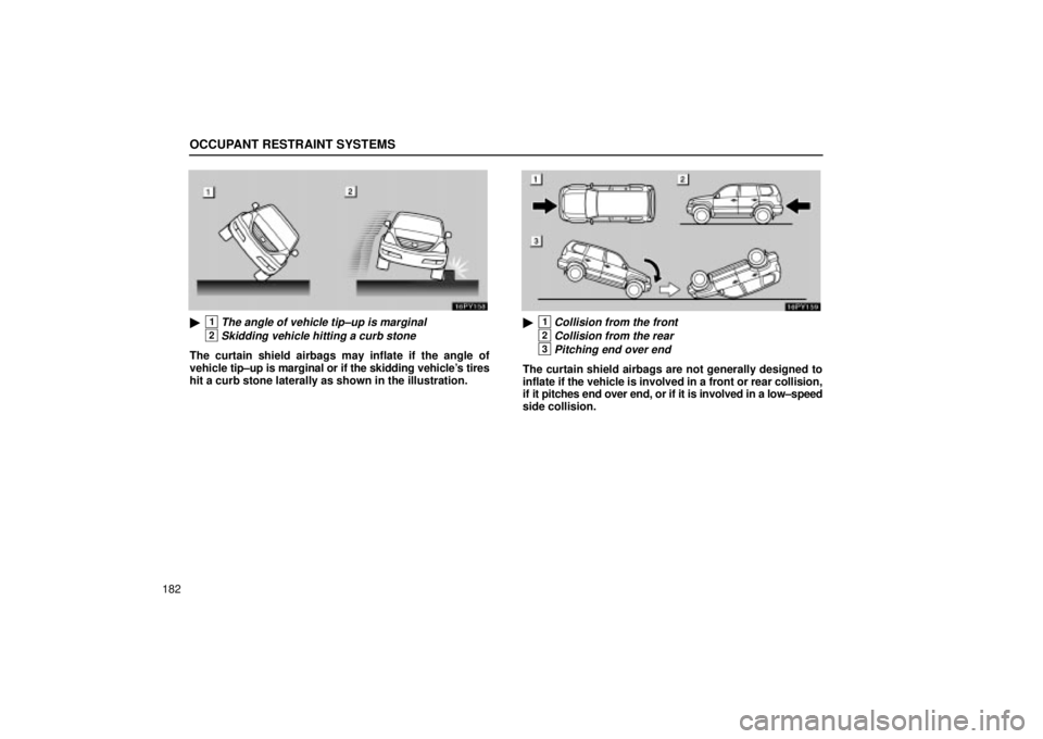 Lexus GX470 2005  Pictorial Index / LEXUS 2005 GX470 OWNERS MANUAL (OM60B11U) OCCUPANT RESTRAINT SYSTEMS
182
1The angle of vehicle tip±up is marginal
2Skidding vehicle hitting a curb stone
The curtain shield airbags may inflate if the angle of
vehicle tip±up is marginal or i