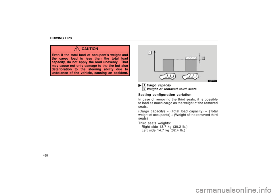 Lexus GX470 2005  Pictorial Index / LEXUS 2005 GX470 OWNERS MANUAL (OM60B11U) DRIVING TIPS
488
CAUTION
Even if the total load of occupants weight and
the cargo load is less than the total load
capacity, do not apply the load unevenly.  That
may cause not only damage to the tir