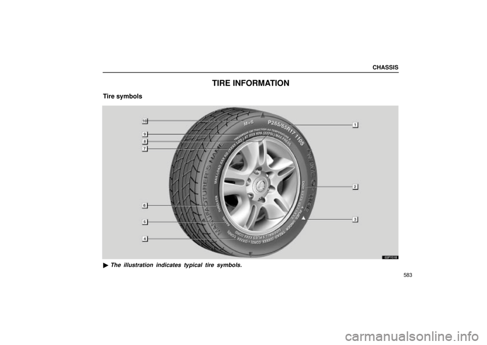 Lexus GX470 2004  Engine / LEXUS 2004 GX470 FROM AUG. 2004 THROUGH SEP. 2004 PROD. OWNERS MANUAL (OM60B55U) CHASSIS
583
TIRE INFORMATION
Tire symbols
63PY018
The illustration indicates typical tire symbols. 
