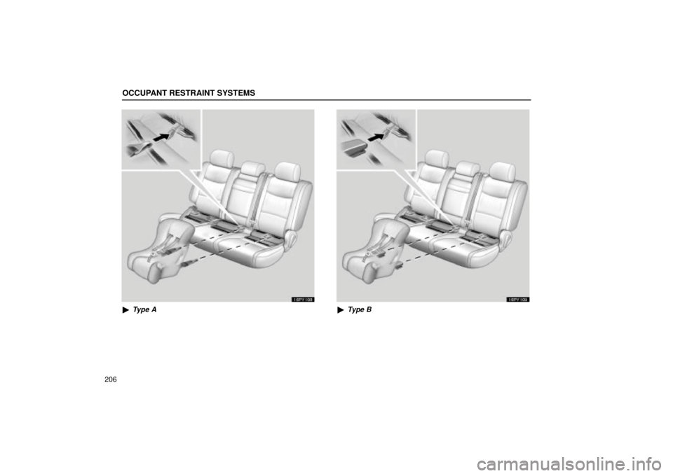 Lexus GX470 2004  Pictorial Index / LEXUS 2004 GX470 FROM NOV. 2003 THROUGH DEC. 2003 PROD. OWNERS MANUAL (OM60A74U) OCCUPANT RESTRAINT SYSTEMS
206
16PY108
Type A
16PY109
Type B 