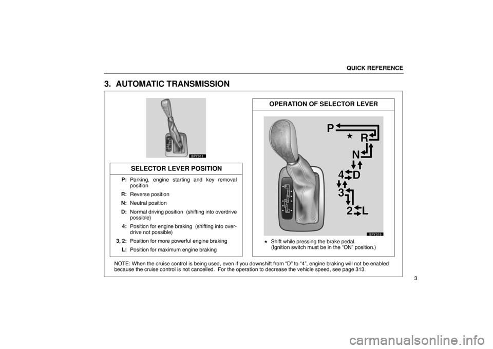 Lexus GX470 2003  How To Use This Manual / LEXUS 2003 GX470 OWNERS MANUAL (OM60979U) BPY011
BPY019
Shift while pressing the brake pedal.  
(Ignition switch must be in the “ON” position.)
OPERATION OF SELECTOR LEVER
SELECTOR LEVER POSITION
P: Parking, engine starting and key remov