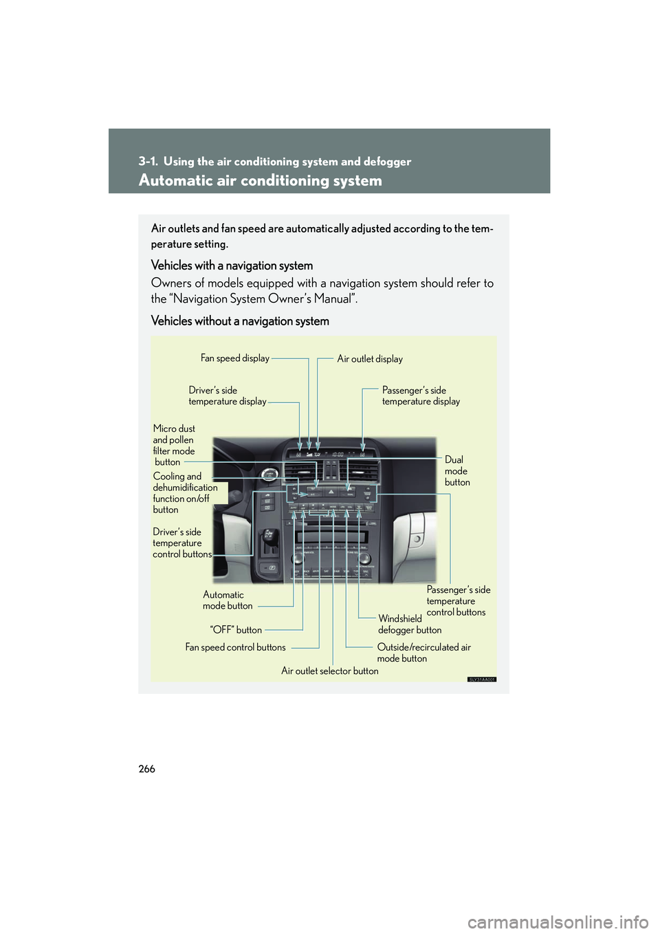 Lexus HS250h 2012  Owners Manual 266
HS250h_U_75050U
3-1. Using the air conditioning system and defogger
Automatic air conditioning system
Air outlets and fan speed are automatically adjusted according to the tem-
perature setting.
V