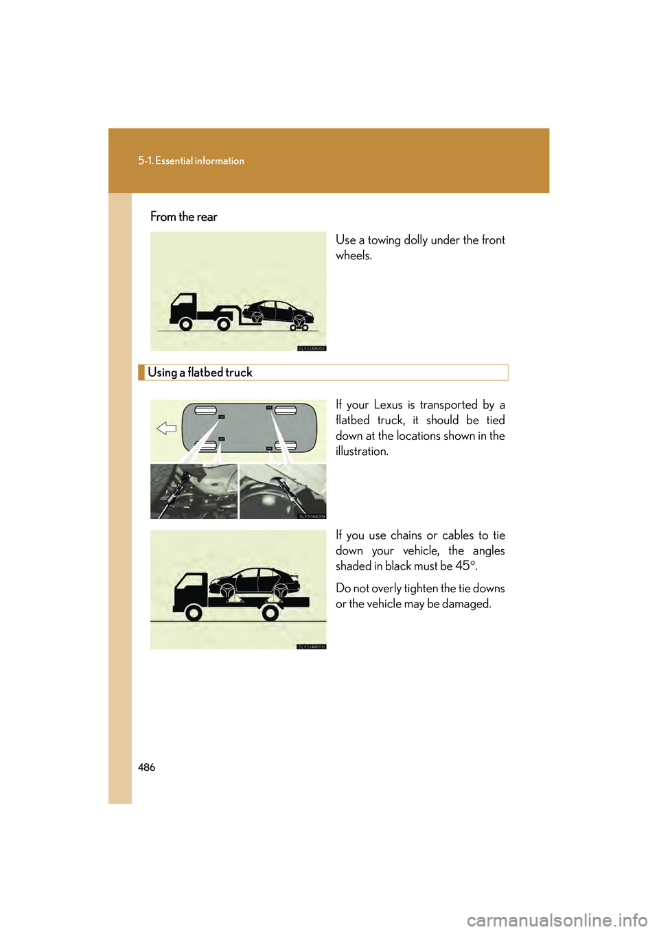 Lexus HS250h 2010  Owners Manual 486
5-1. Essential information
HS250h_U_75033U(Canada)From the rear
Use a towing dolly under the front
wheels.
Using a flatbed truck
If your Lexus is transported by a
flatbed truck, it should be tied
