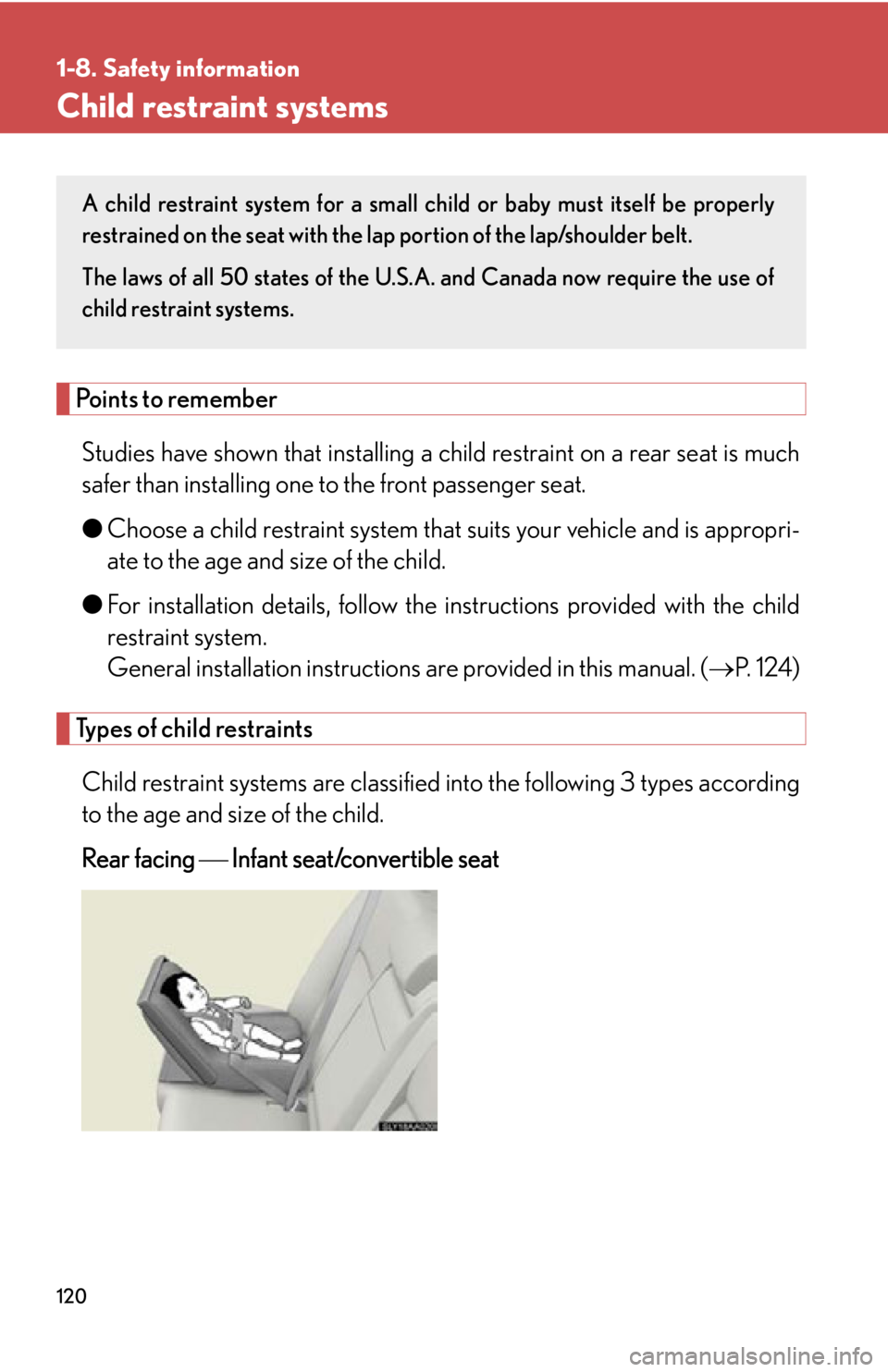 Lexus HS250h 2010  Do-it-yourself maintenance / LEXUS 2010 HS250H OWNERS MANUAL (OM75006U) 120
1-8. Safety information
Child restraint systems
Points to remember
Studies have shown that installing a child restraint on a rear seat is much 
safer than installing one to the front passenger sea
