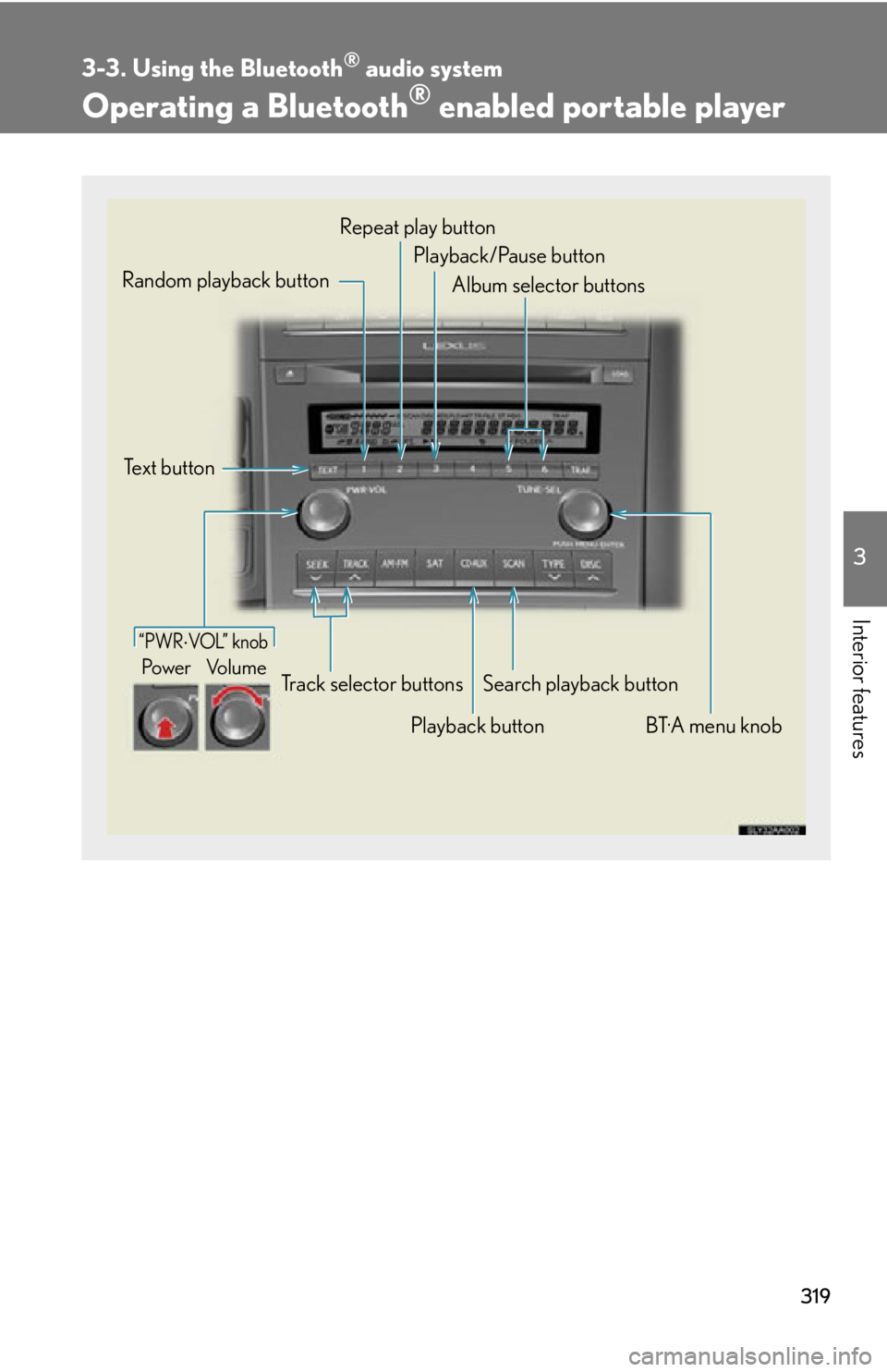 Lexus HS250h 2010  Do-it-yourself maintenance / LEXUS 2010 HS250H OWNERS MANUAL (OM75006U) 319
3-3. Using the Bluetooth® audio system
3
Interior features
Operating a Bluetooth® enabled portable player
“PWRVOL”  k nob
Pow e r Vo l u m e
Te x t  b u t t o n
Playback buttonSearch play