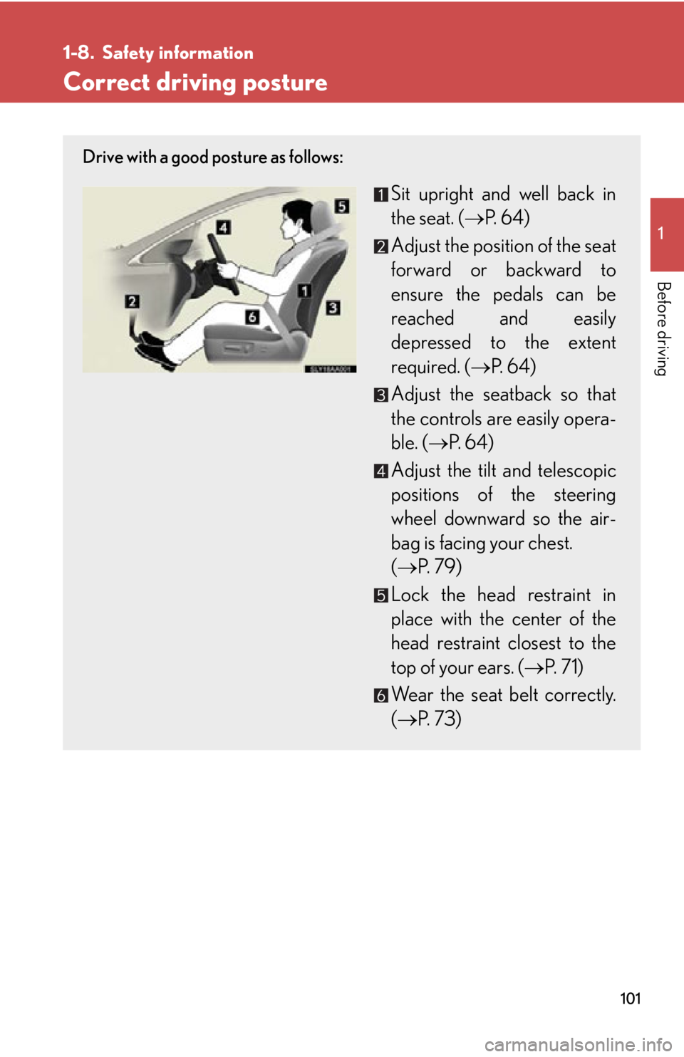 Lexus HS250h 2010  Scheduled Maintenance Guide / LEXUS 2010 HS250H OWNERS MANUAL (OM75006U) 101
1
Before driving
1-8. Safety information
Correct driving posture
Drive with a good posture as follows:
Sit upright and well back in 
the seat. ( P.  6 4 )
Adjust the position of the seat 
forwa