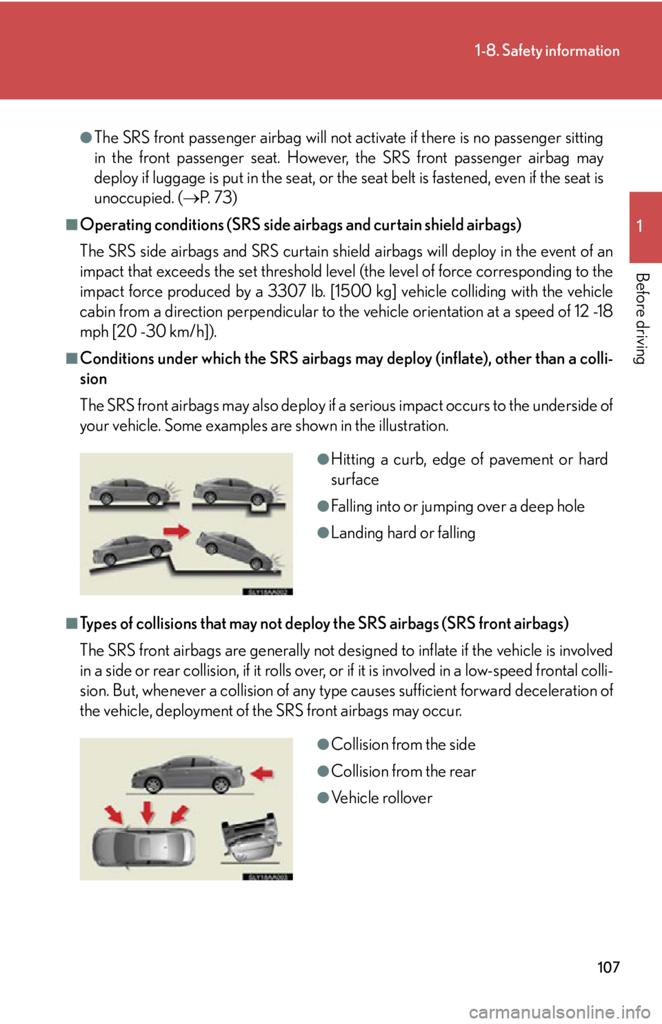 Lexus HS250h 2010  Scheduled Maintenance Guide / LEXUS 2010 HS250H OWNERS MANUAL (OM75006U) 107
1-8. Safety information
1
Before driving
●The SRS front passenger airbag will not activate if there is no passenger sitting 
in the front passenger seat. However, the SRS front passenger airbag 