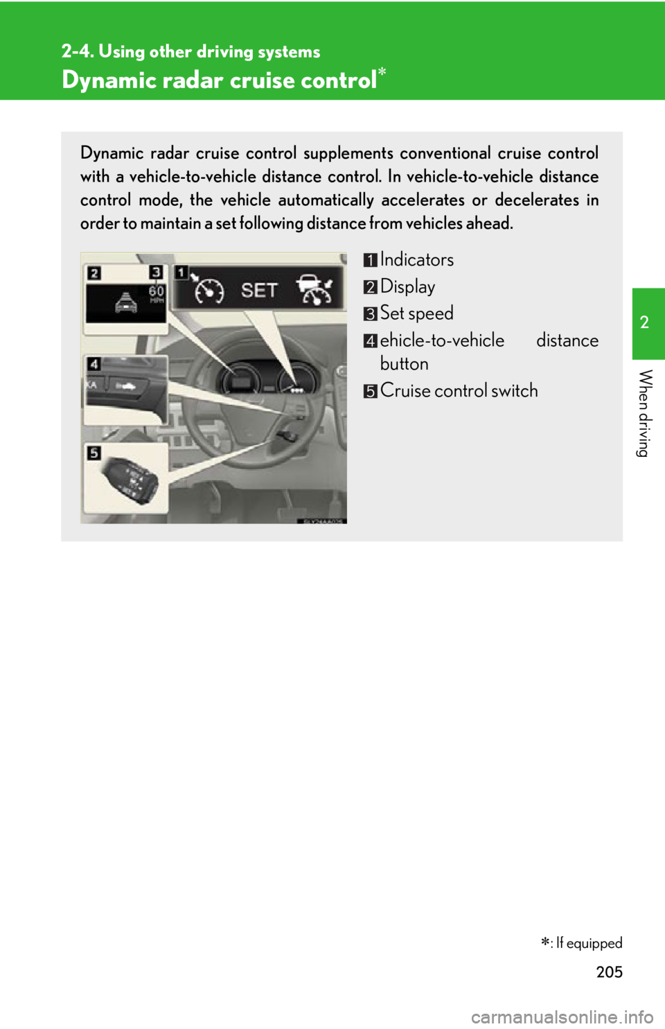 Lexus HS250h 2010  Scheduled Maintenance Guide / LEXUS 2010 HS250H OWNERS MANUAL (OM75006U) 205
2-4. Using other driving systems
2
When driving
Dynamic radar cruise control
: If equipped
Dynamic radar cruise control supplements conventional cruise control 
with a vehicle-to-vehicle dis
