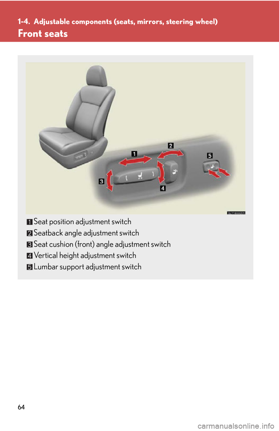 Lexus HS250h 2010  Scheduled Maintenance Guide / LEXUS 2010 HS250H OWNERS MANUAL (OM75006U) 64
1-4. Adjustable components (seats, mirrors, steering wheel)
Front seats
Seat position adjustment switch
Seatback angle adjustment switch
Seat cushion (front) angle adjustment switch
Vertical height
