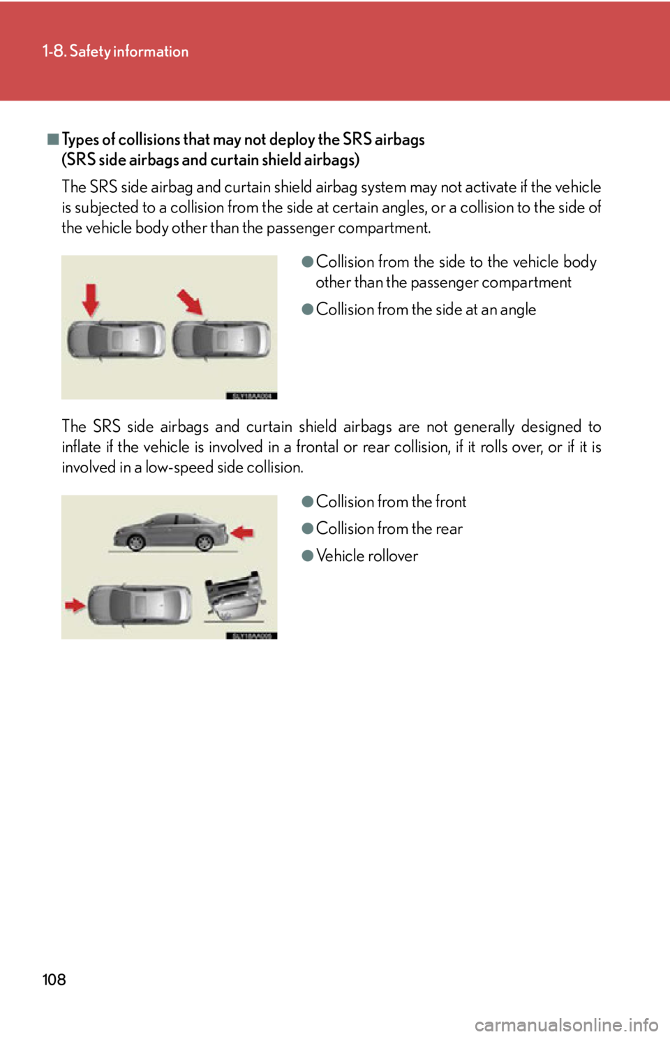 Lexus HS250h 2010  Instrument cluster / LEXUS 2010 HS250H OWNERS MANUAL (OM75006U) 108
1-8. Safety information
■Types of collisions that may not deploy the SRS airbags 
(SRS side airbags and curtain shield airbags)
The SRS side airbag and curtain shield ai rbag system may not a