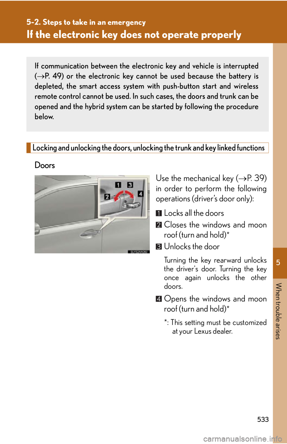 Lexus HS250h 2010  Instrument cluster / LEXUS 2010 HS250H OWNERS MANUAL (OM75006U) 5
When trouble arises
533
5-2. Steps to take in an emergency
If the electronic key does not operate properly
Locking and unlocking the doors, unlocking the trunk and key linked functions
Doors
Use the