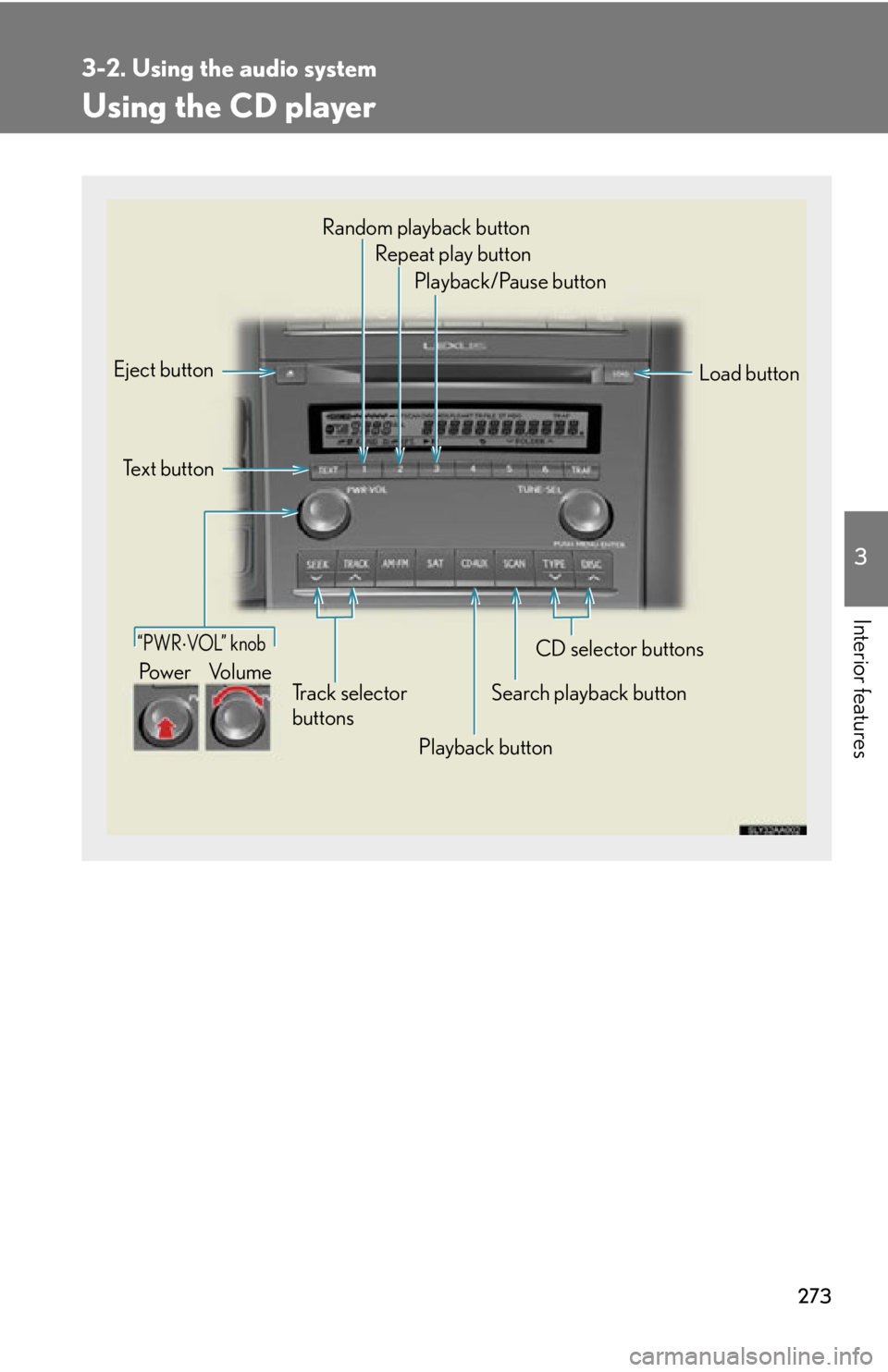 Lexus HS250h 2010  Hybrid system / LEXUS 2010 HS250H OWNERS MANUAL (OM75006U) 273
3-2. Using the audio system
3
Interior features
Using the CD player
“PWRVOL” knob
Tr a c k  s e l e c t o r  
buttons
Eject button
Playback buttonSearch playback button Load button
CD selec