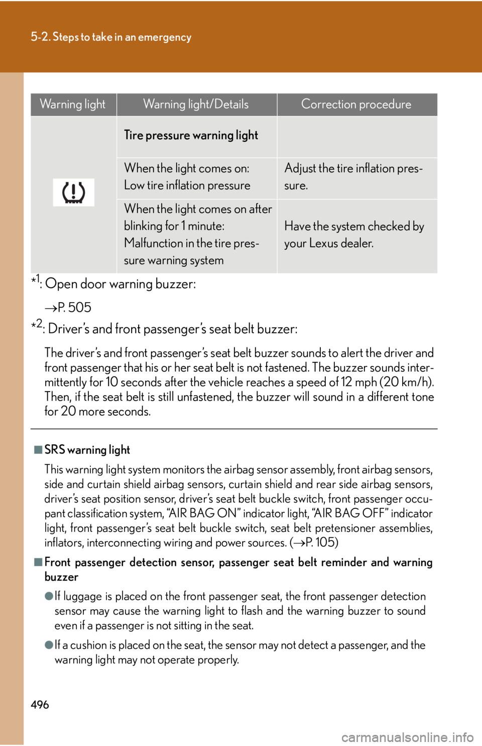 Lexus HS250h 2010  Hybrid system / LEXUS 2010 HS250H OWNERS MANUAL (OM75006U) 496
5-2. Steps to take in an emergency
*1: Open door warning buzzer:
P.  5 0 5
*2: Driver’s and front passenger’s seat belt buzzer:
The driver’s and front passenger’s seat belt  buzzer soun