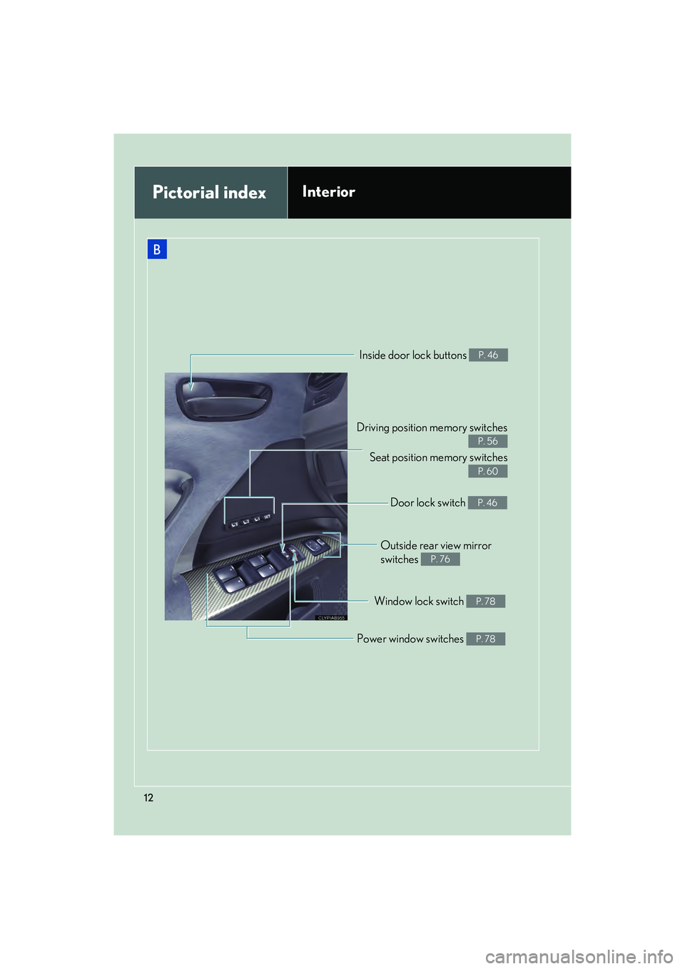 Lexus IS F 2014  Owners Manual IS F_U
12
B
Driving position memory switchesSeat position memory switches
P. 56
P. 60
Inside door lock buttons P. 46
Outside rear view mirror 
switches 
P. 76
Window lock switch P. 78
Power window swi