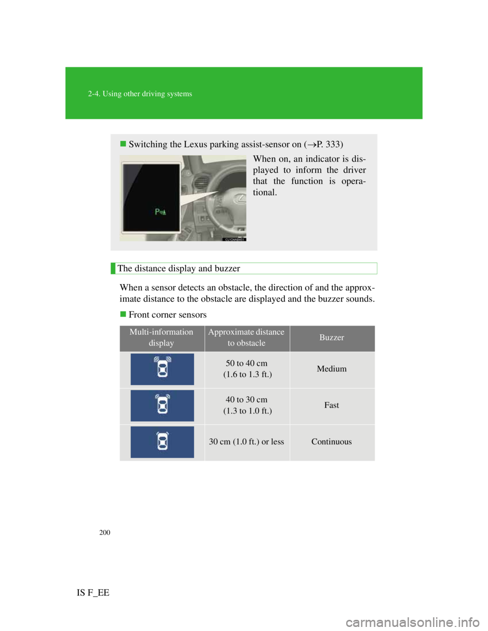 Lexus IS F 2011  Owners Manual 200
2-4. Using other driving systems
IS F_EE
The distance display and buzzer
When a sensor detects an obstacle, the direction of and the approx-
imate distance to the obstacle are displayed and the bu