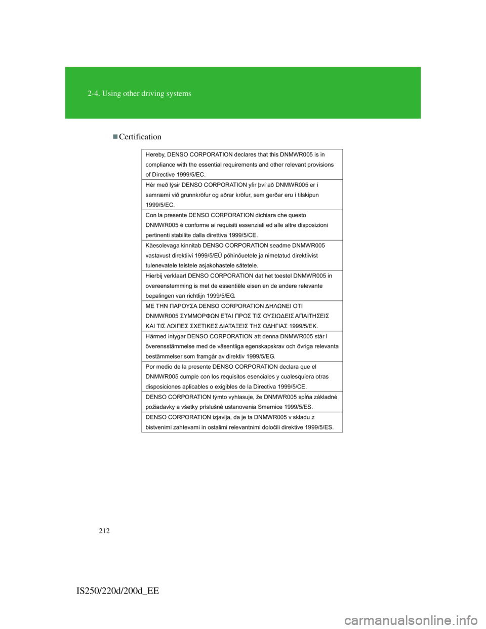 Lexus IS200d 2011  Owners Manuals 212
2-4. Using other driving systems
IS250/220d/200d_EE
Certification
Hereby, DENSO CORPORATION declares that this DNMWR005 is in 
compliance with the essential requirements and other relevant prov