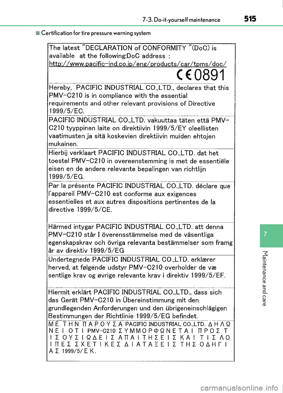 Lexus IS200t 2017  Owners Manuals 5157-3. Do-it-yourself maintenance
7
Maintenance and care
IS200t_EE(OM53D77E)
■Certification for tire pressure warning system 
