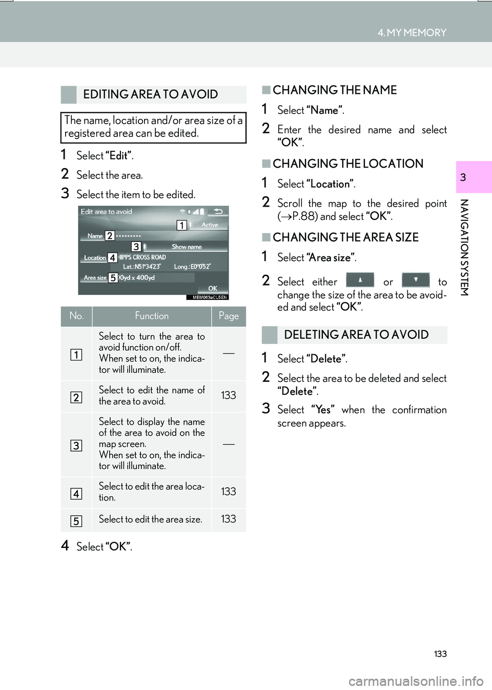 Lexus IS200t 2017 Navigation Manual 133
4. MY MEMORY
IS_NAVI_EE
NAVIGATION SYSTEM
3
1Select “Edit”.
2Select the area.
3Select the item to be edited.
4Select “OK”.
■CHANGING THE NAME
1Select “Name” .
2Enter the desired na Lexus IS200t 2017 Navigation Manual 133
4. MY MEMORY
IS_NAVI_EE
NAVIGATION SYSTEM
3
1Select “Edit”.
2Select the area.
3Select the item to be edited.
4Select “OK”.
■CHANGING THE NAME
1Select “Name” .
2Enter the desired na