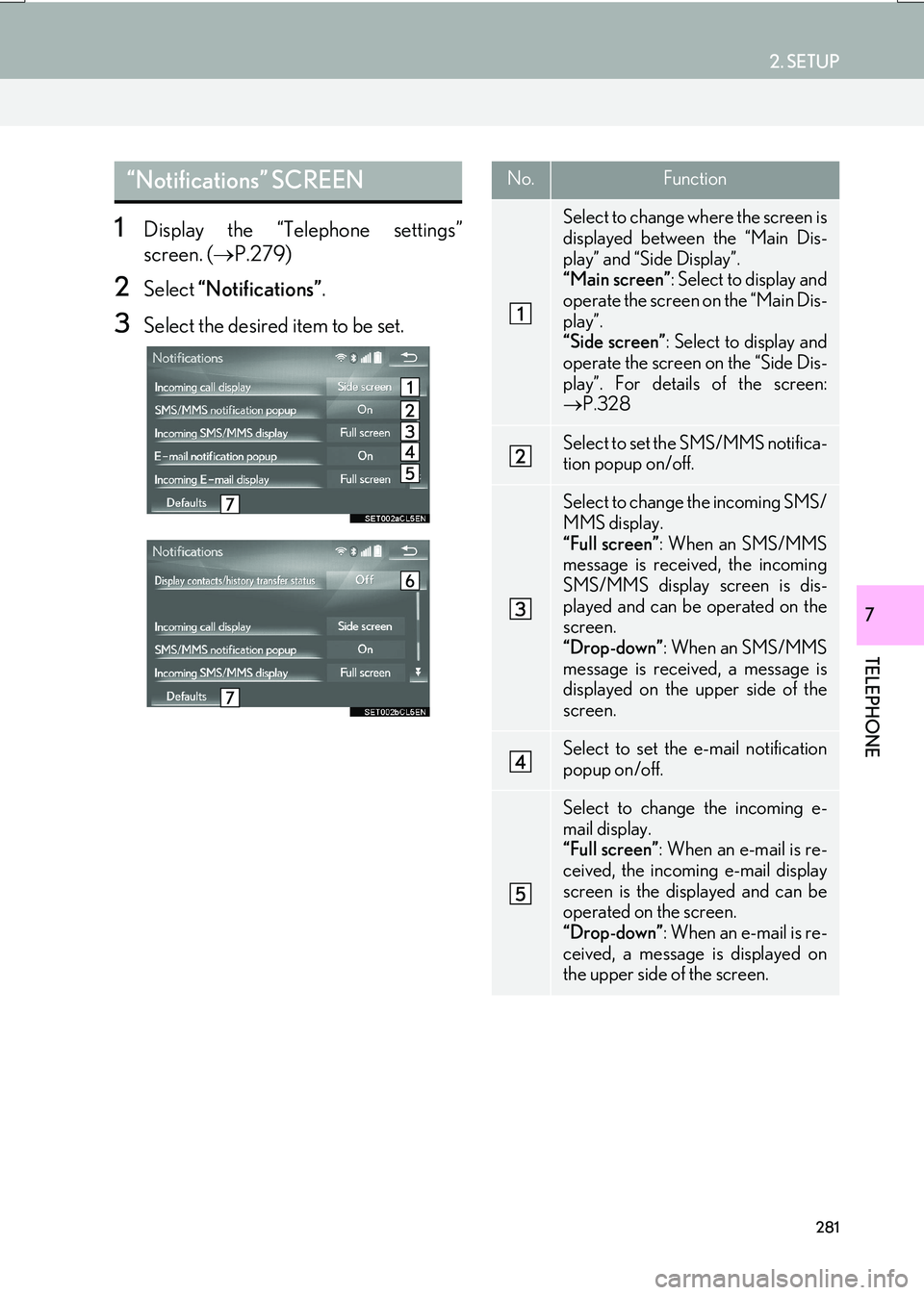 Lexus IS200t 2017 Navigation Manual 281
2. SETUP
IS_NAVI_EE
TELEPHONE
7
1Display the “Telephone settings”
screen. (→P.279)
2Select “Notifications” .
3Select the desired item to be set.
“Notifications” SCREEN No.Function
S Lexus IS200t 2017 Navigation Manual 281
2. SETUP
IS_NAVI_EE
TELEPHONE
7
1Display the “Telephone settings”
screen. (→P.279)
2Select “Notifications” .
3Select the desired item to be set.
“Notifications” SCREEN No.Function
S