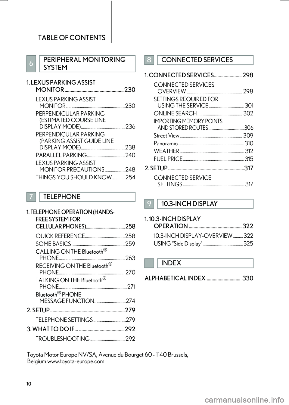 Lexus IS200t 2017  Navigation Manual TABLE OF CONTENTS
10
IS_NAVI_EE1. LEXUS PARKING ASSIST 
MONITOR ................................................. 230
LEXUS PARKING ASSIST MONITOR .....................................................