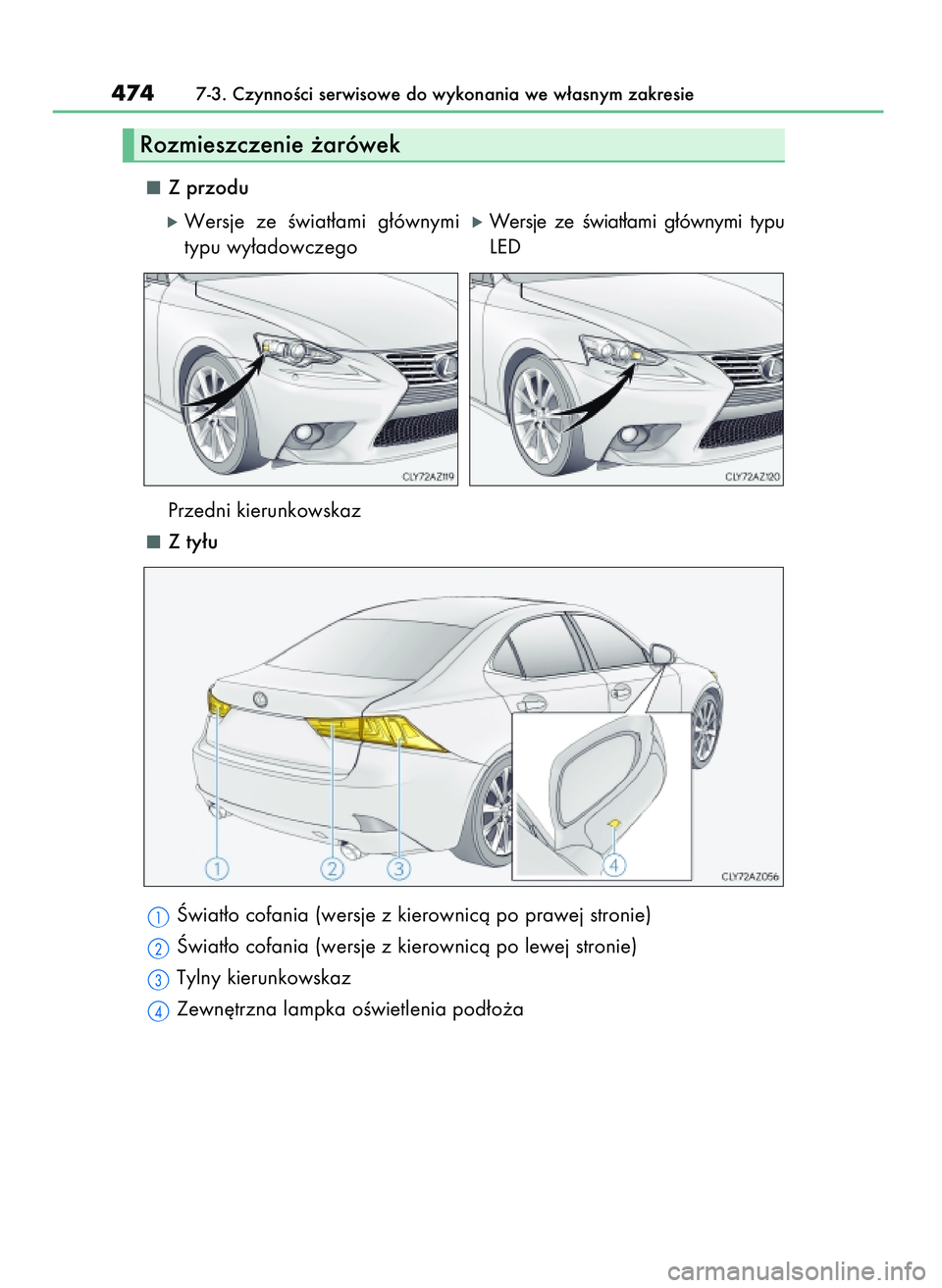 Lexus IS200t 2016  Instrukcja Obsługi (in Polish) Z przodu
Przedni kierunkowskaz
Z ty∏u
Âwiat∏o cofania (wersje z kierownicà po prawej stronie)
Âwiat∏o cofania (wersje z kierownicà po lewej stronie)
Tylny kierunkowskaz
Zewn´trzna lampka o
