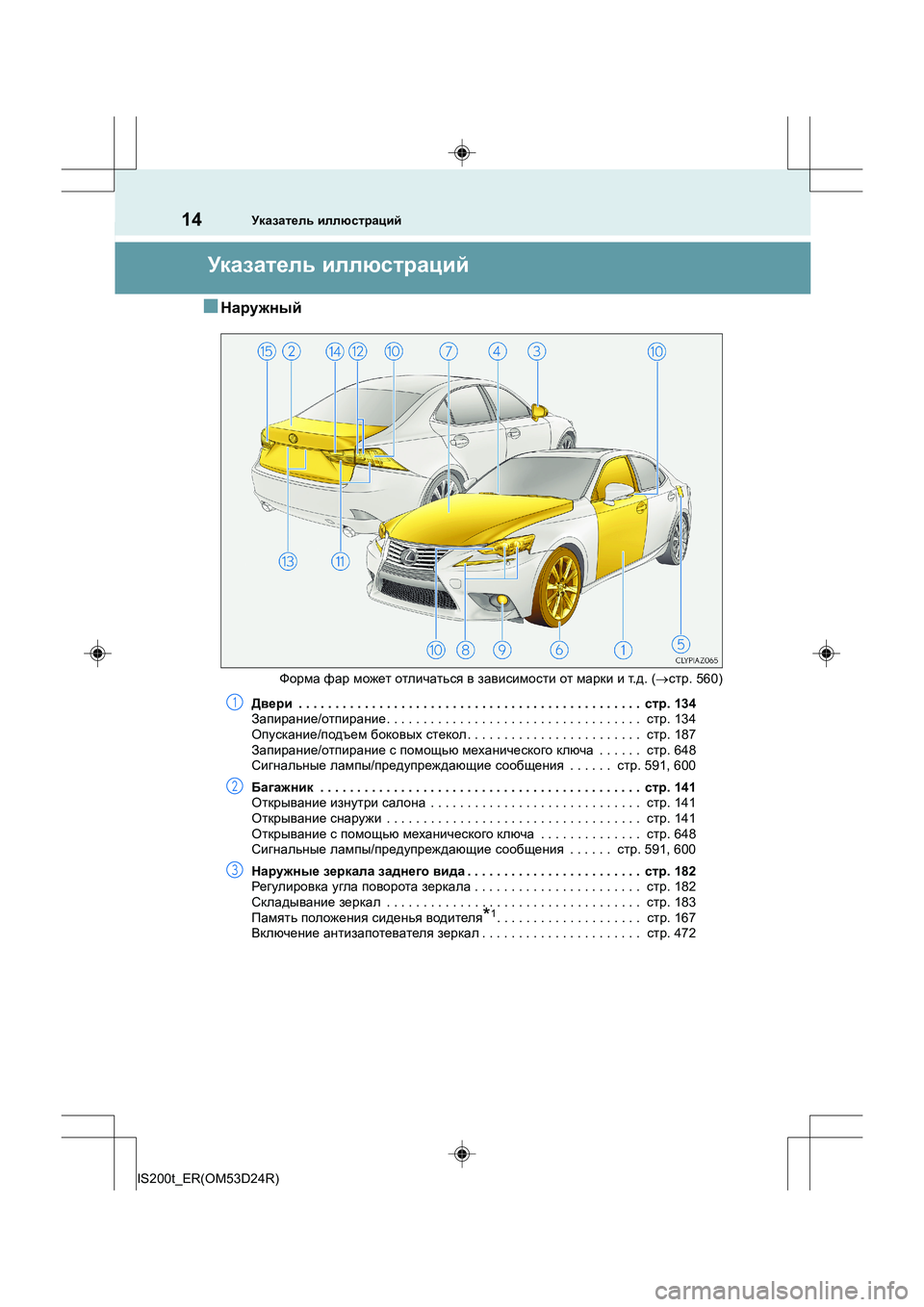 Lexus IS200t 2016  Инструкция по эксплуатации (in Russian) 14
IS200t_ER(OM53D24R)
Указатель иллюстраций
Указатель  иллюстраций
■Наружный
Форма  фар  может  отличаться  в  зависим