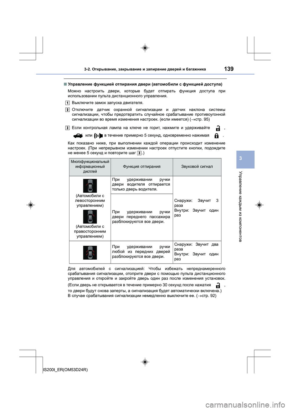 Lexus IS200t 2016 Инструкция по эксплуатации (in Russian) 1393-2. Открывание , закрывание и запирание дверей и багажника
3
Управление каждым из компонентов
IS200t_ER(OM53D24R) Lexus IS200t 2016 Инструкция по эксплуатации (in Russian) 1393-2. Открывание , закрывание и запирание дверей и багажника
3
Управление каждым из компонентов
IS200t_ER(OM53D24R)