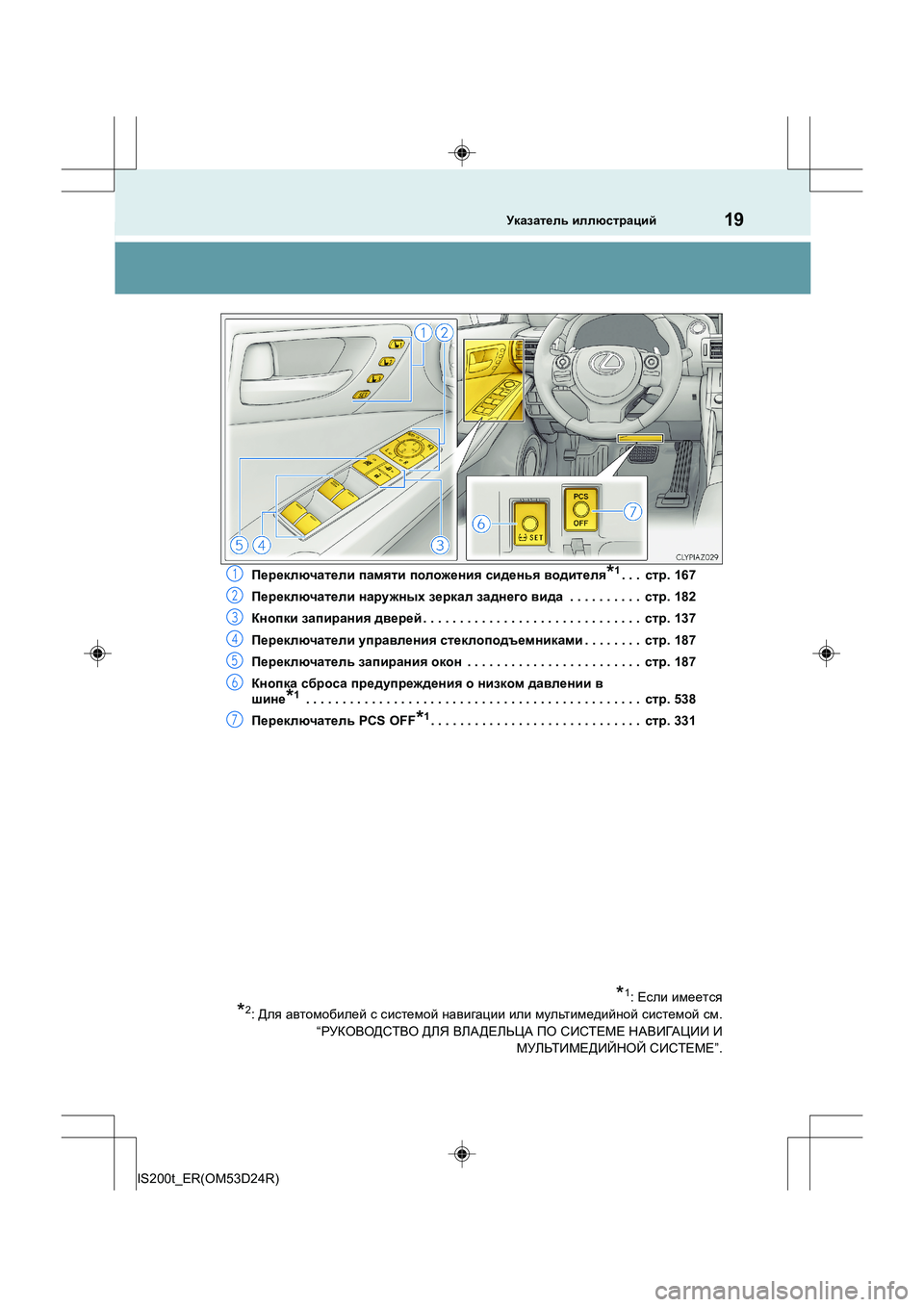 Lexus IS200t 2016  Инструкция по эксплуатации (in Russian) 19Указатель иллюстраций
IS200t_ER(OM53D24R) Переключатели
 памяти  положения  сиденья  водителя
*1. . .  стр. 167
Переключат